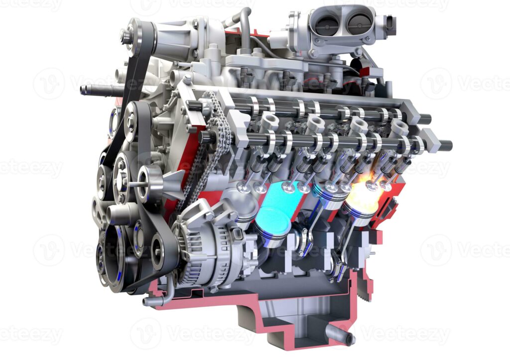 cutaway v8 car engine with sectioned ignition 3d rendering on white background photo